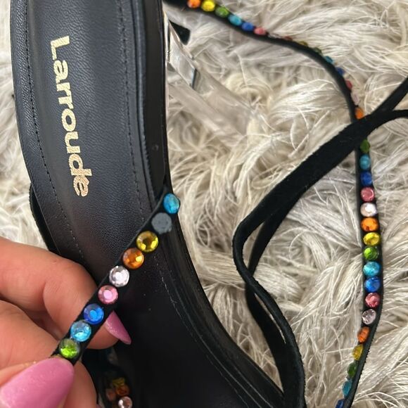 NWOB Larroude Disco Gloria Embellished Wrap Sandals in Black Leather/Vinyl 6.5 - Picture 10 of 16